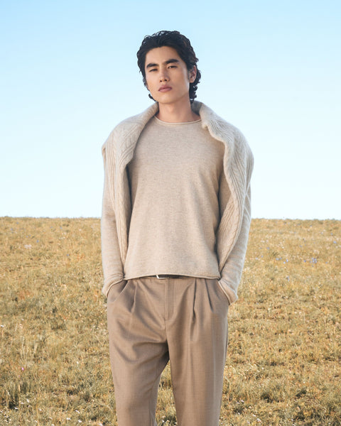 Cashmere Rolled-Edge Crewneck Sweater in Black, editorial photo