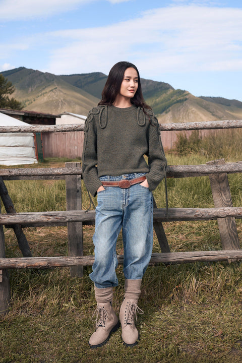 CashmeReborn Mongolian Knot-Braid Sweater in Ink Black, editorial photo