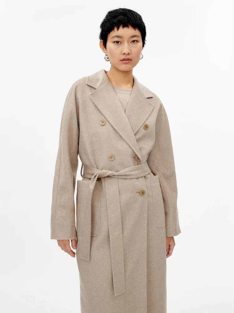 Women's Cashmere Double-Breasted Long Coat Warm Gray - Gobi Cashmere