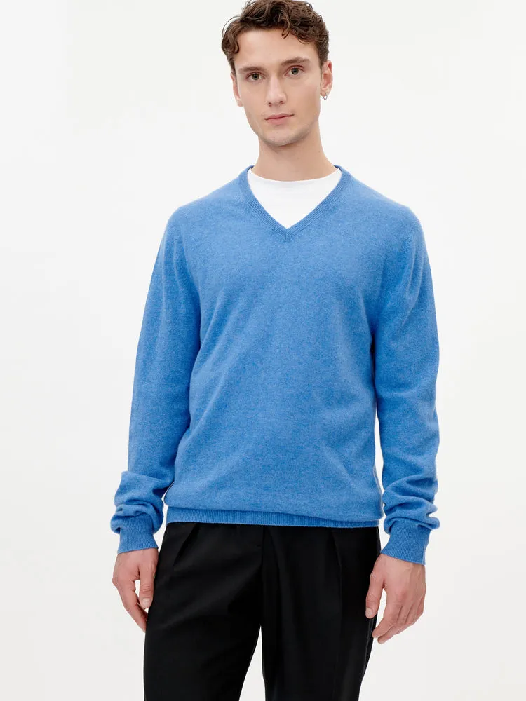 Men's Cashmere Basic V-Neck Sweater Blue - Gobi Cashmere