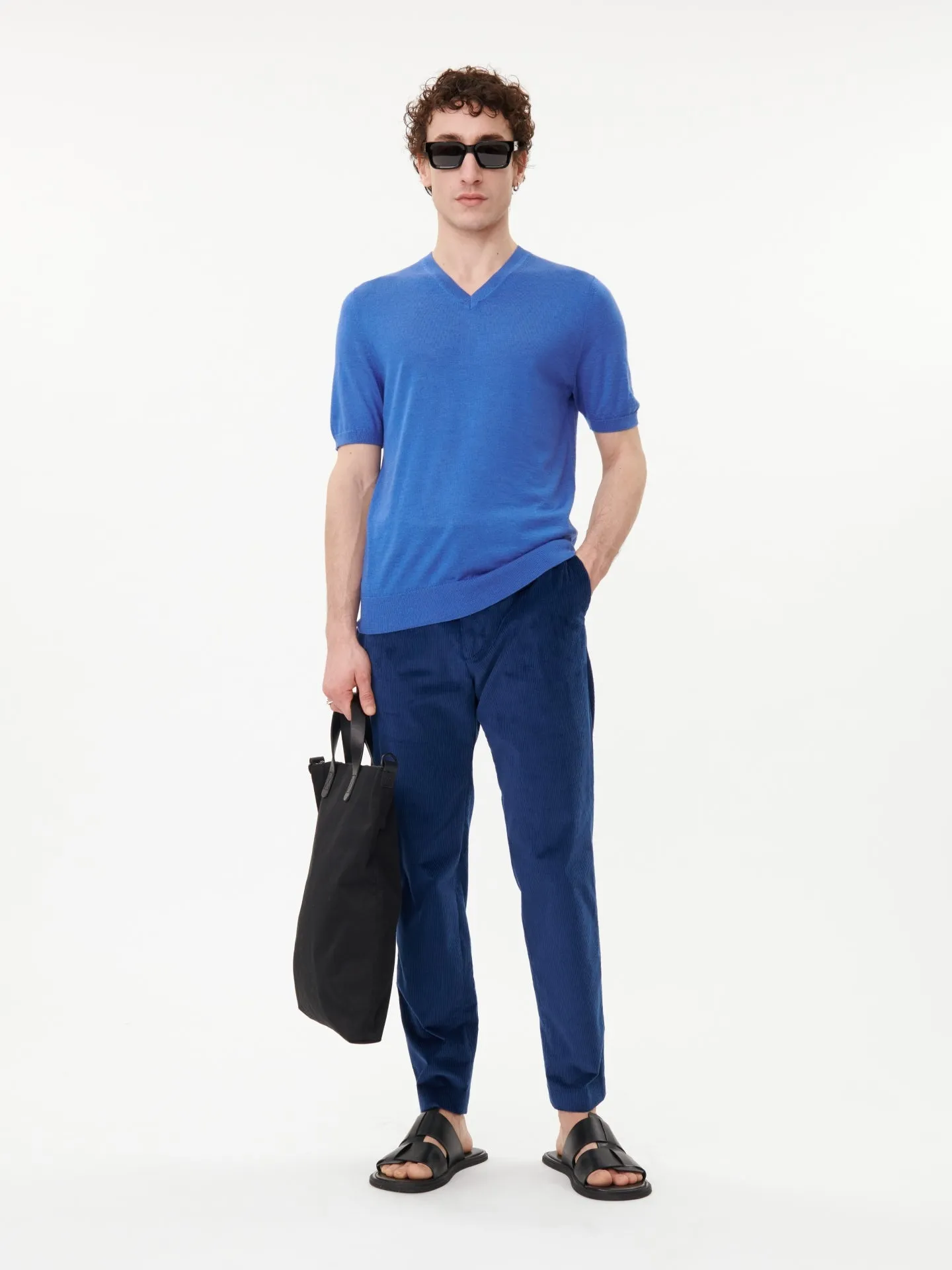 Men's Cashmere V-Neck T-Shirt Nautical Blue - Gobi Cashmere
