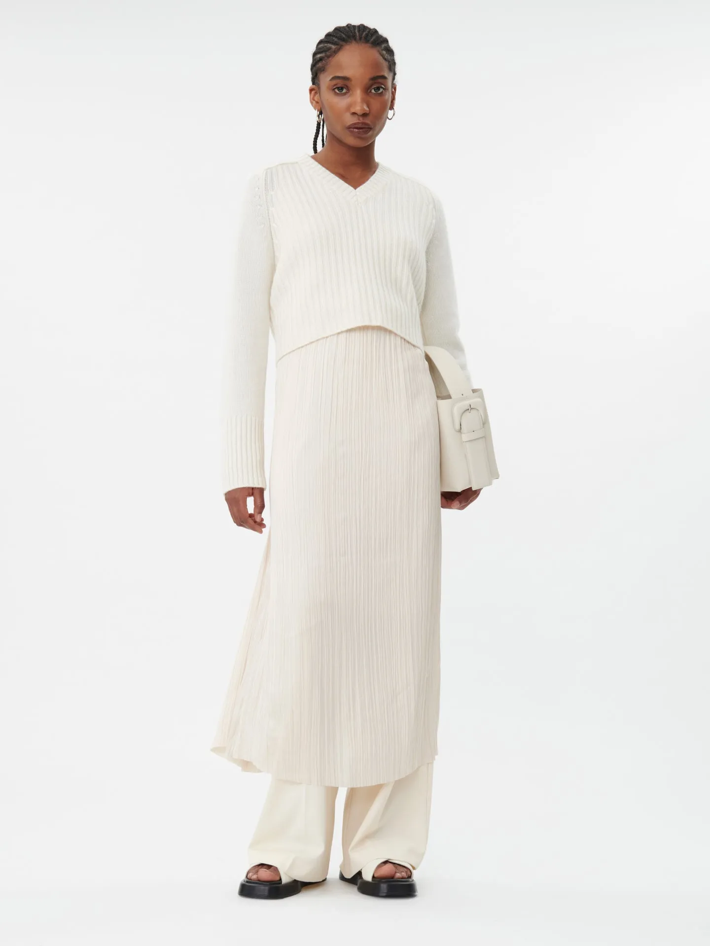 Women's Cashmere Rib Knitted V-Neck Sweater White - Gobi Cashmere