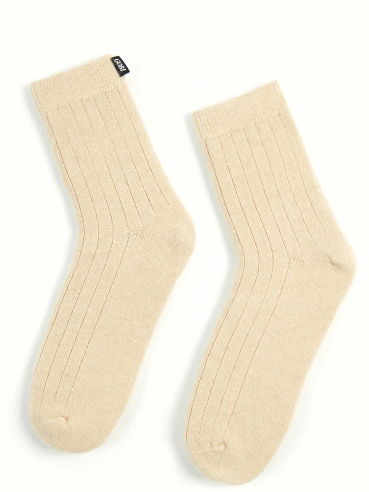 Unisex Cashmere Rib Knit Socks Beige - Gobi Cashmere