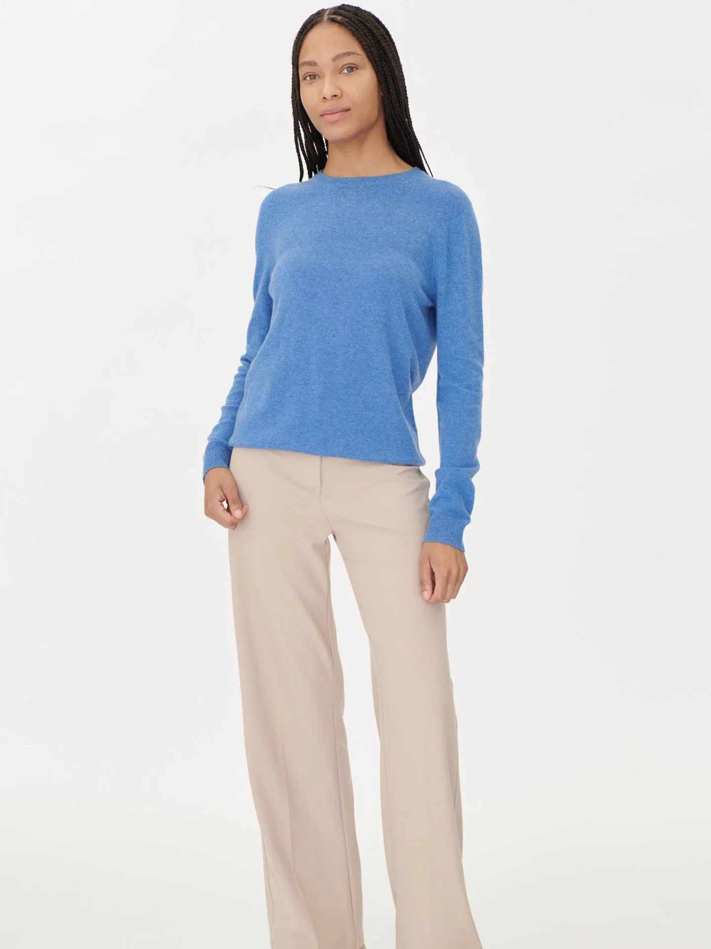 Women's Cashmere Basic Crew Neck Sweater Blue - Gobi Cashmere