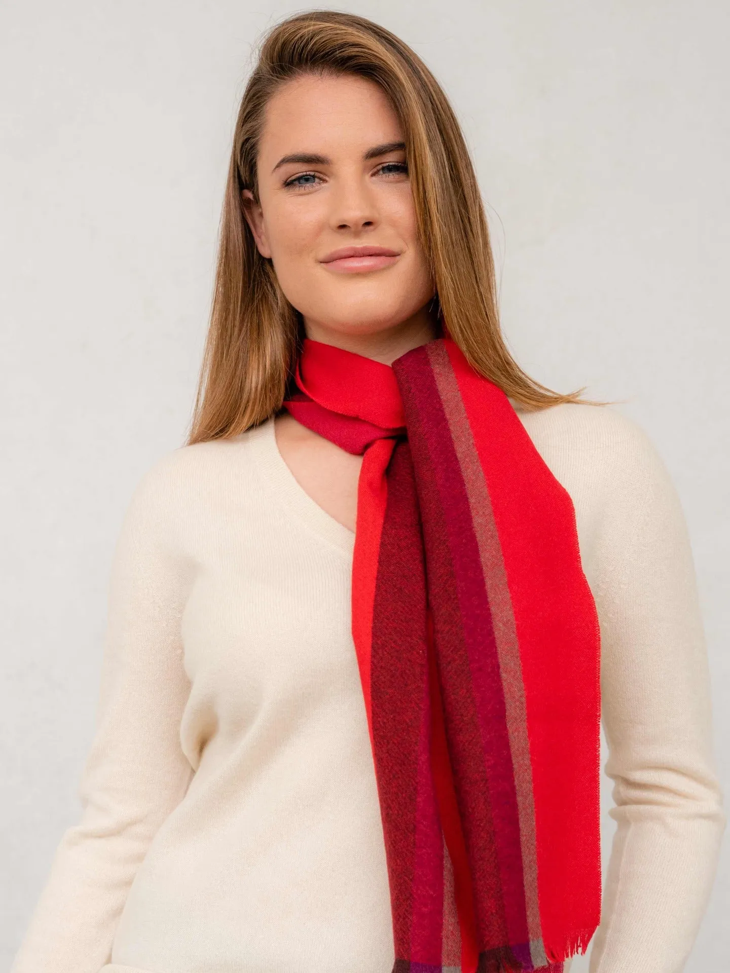 Unisex Cashmere Woven Striped Scarf Navy Fiery Red - Gobi Cashmere