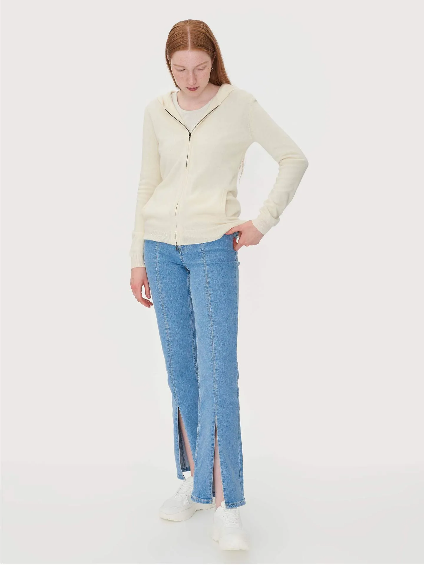 Women's Cashmere Full-Zip Hoodie White - Gobi Cashmere