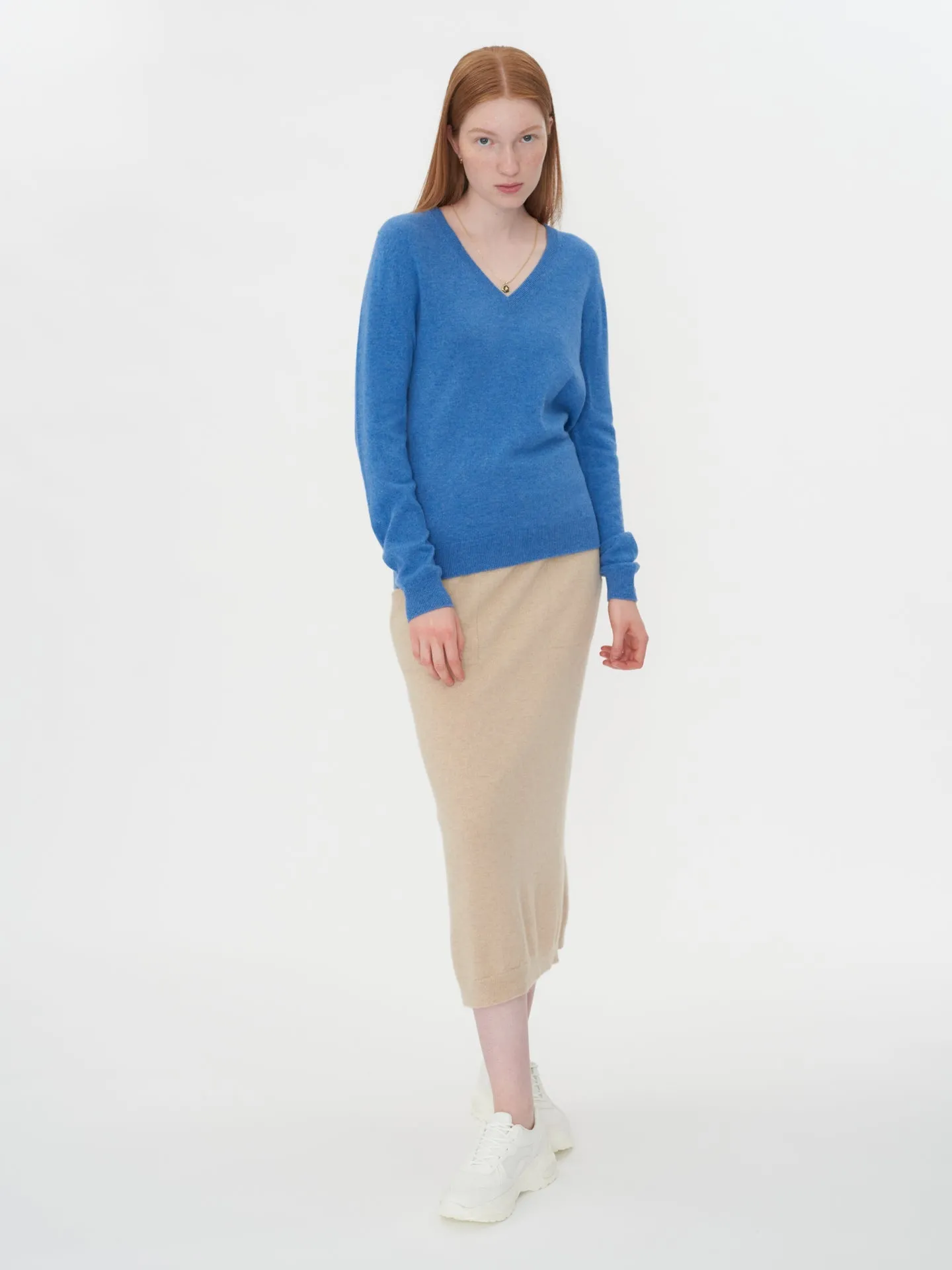 Women's Cashmere Basic V-Neck Sweater Blue - Gobi Cashmere