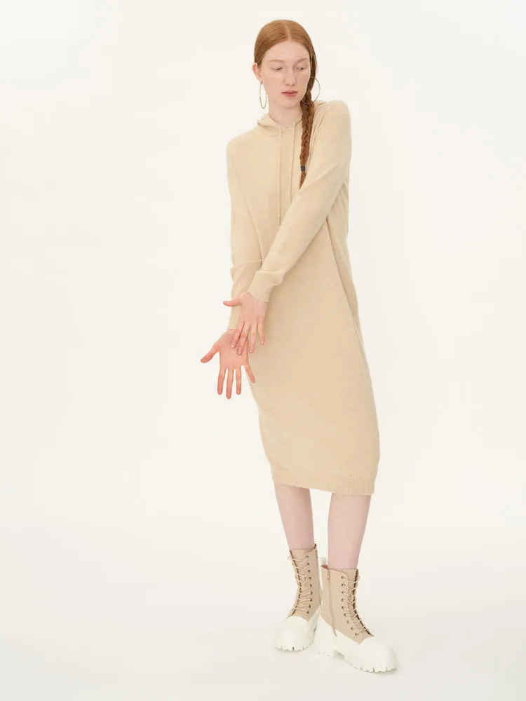 Women's Cashmere Organic Colour Hooded Midi Dress Beige - Gobi Cashmere
