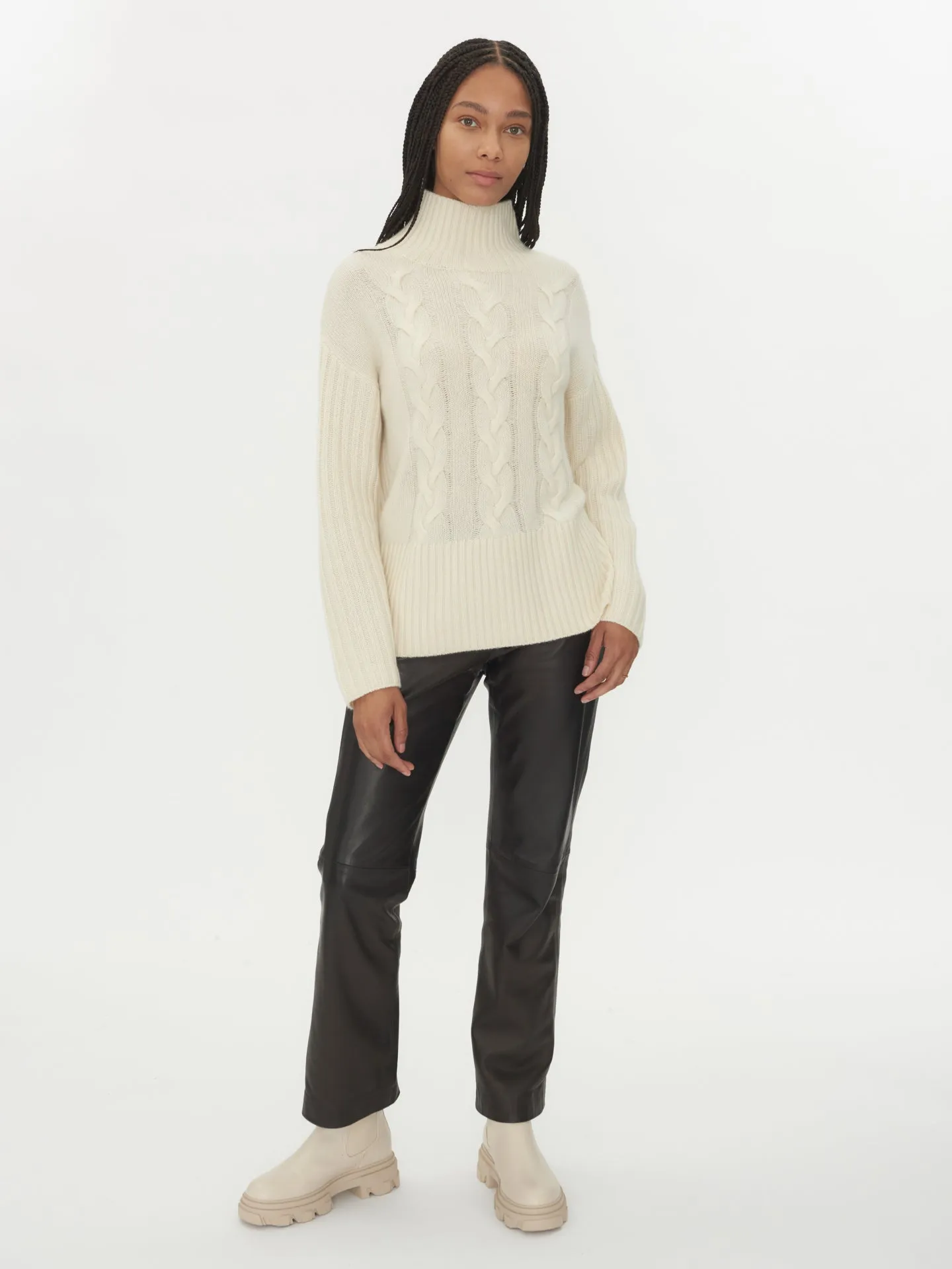 Women's Cashmere Chunky Cable High Neck White - Gobi Cashmere  