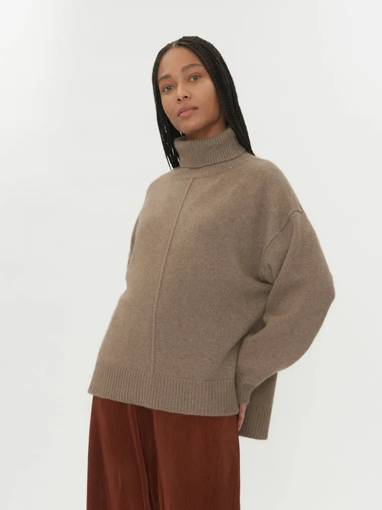 Women's Cashmere Loose Turtle Neck Sweater Taupe - Gobi Cashmere