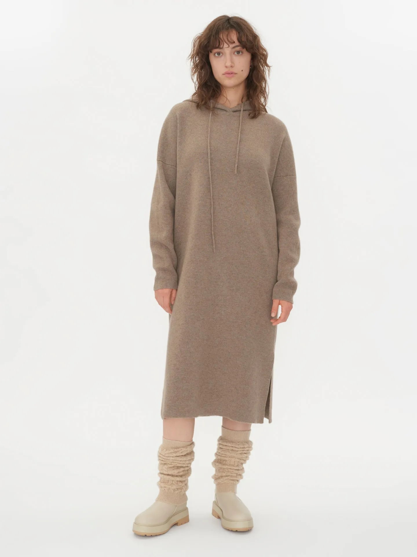 Women's Cashmere Hooded Midi Dress Taupe - Gobi Cashmere 