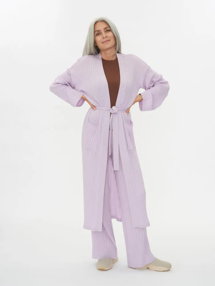 Women's Silk Cashmere Ribbed Long Cardigan Orchid Tint - Gobi Cashmere