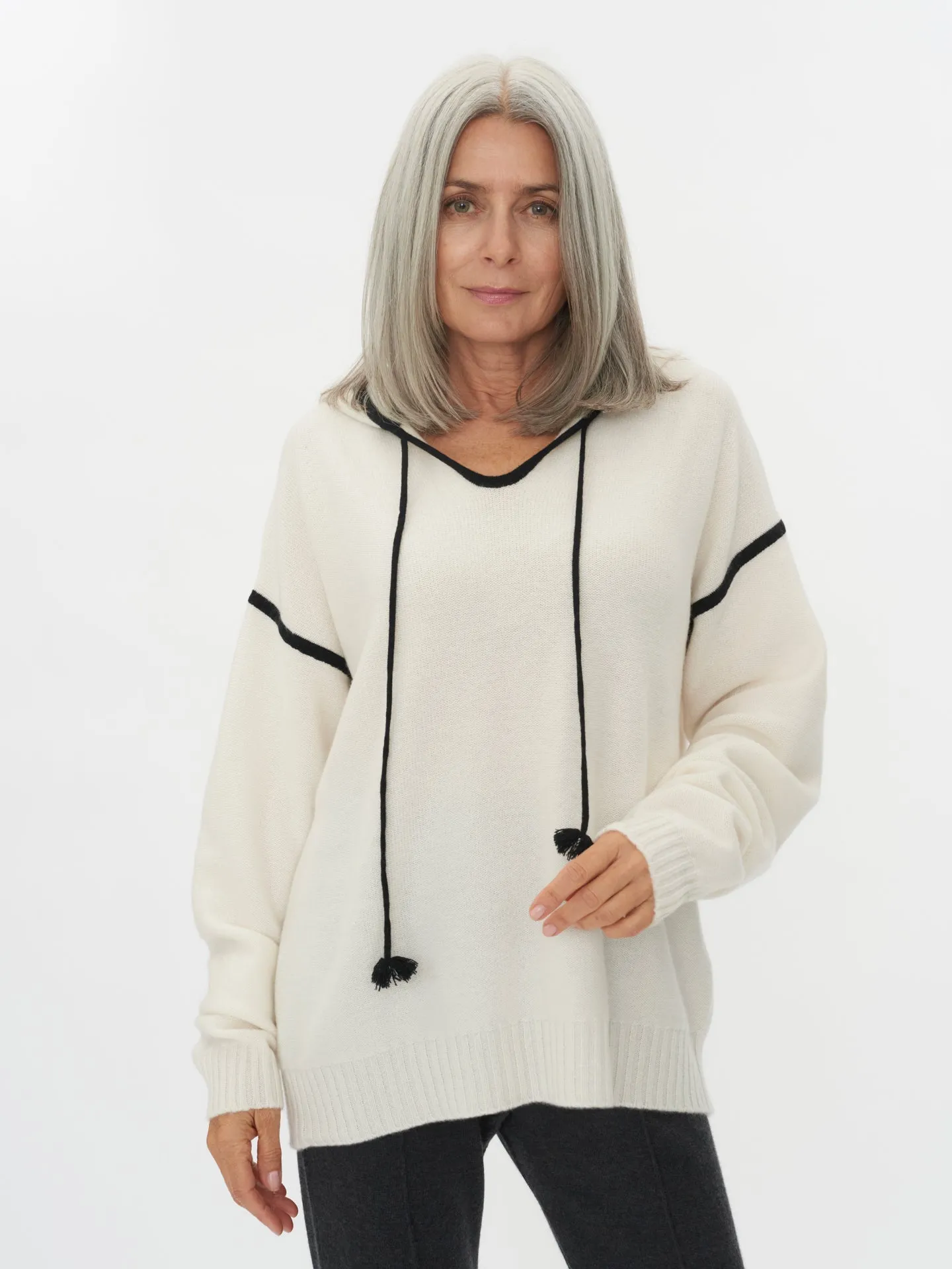 Women's Cashmere Contrast Trimmed Hoodie White - Gobi Cashmere