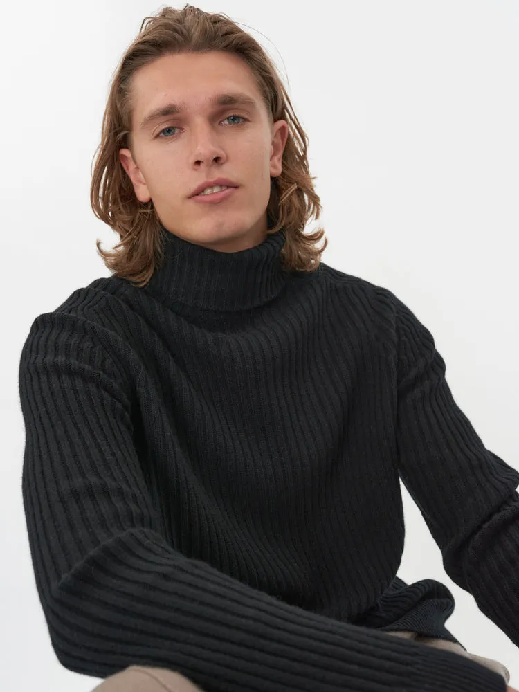 Men's Cashmere Rib Knit Turtle Neck Black - Gobi Cashmere