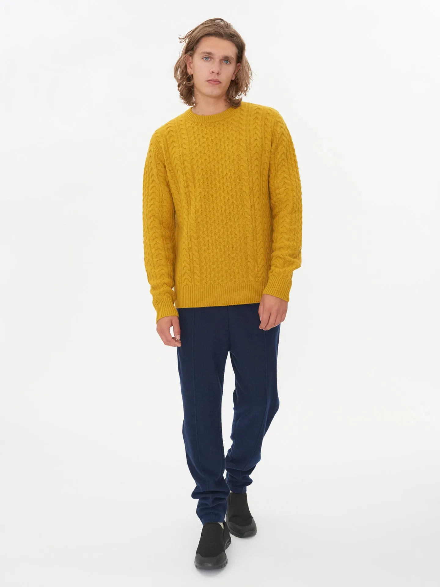 Men's Cashmere Aran Stiched Sweater Lemon Curry - Gobi Cashmere