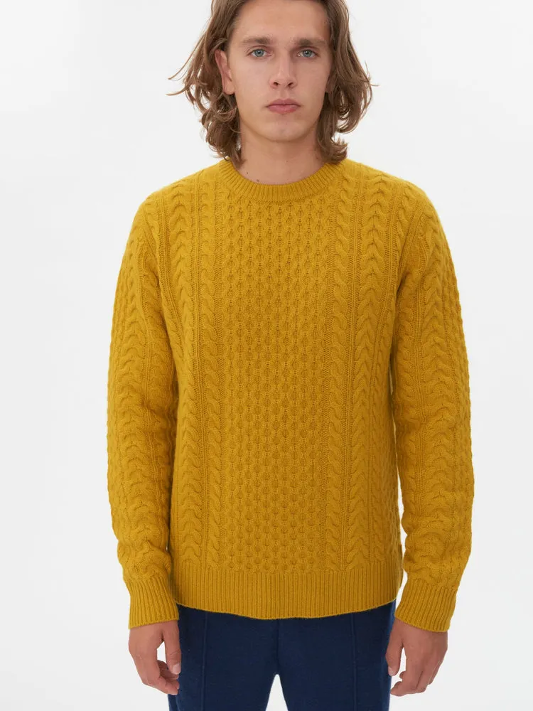 Men's Cashmere Aran Stiched Sweater Lemon Curry - Gobi Cashmere
