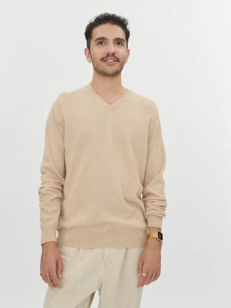 Men's Cashmere Basic V-Neck Sweater Beige - Gobi Cashmere
