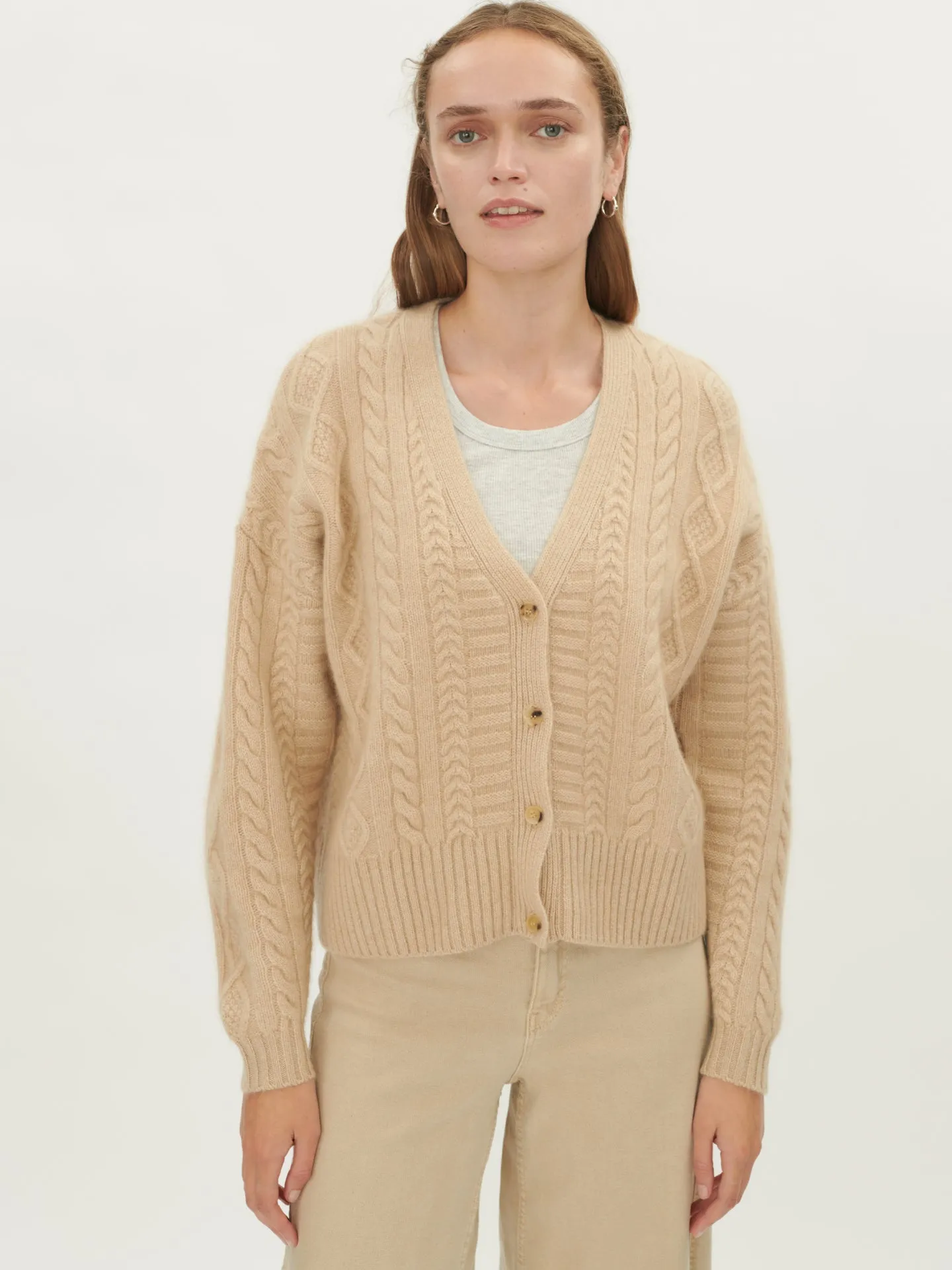 Women's Cashmere Chunky Cable Cardigan Beige - Gobi Cashmere