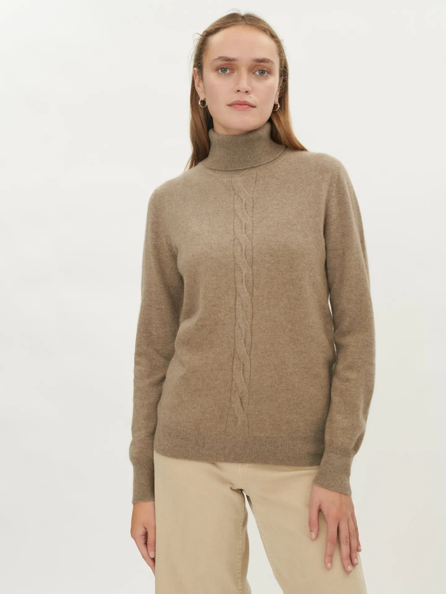 Women's Cashmere Cable Detail Turtle Neck Taupe - Gobi Cashmere