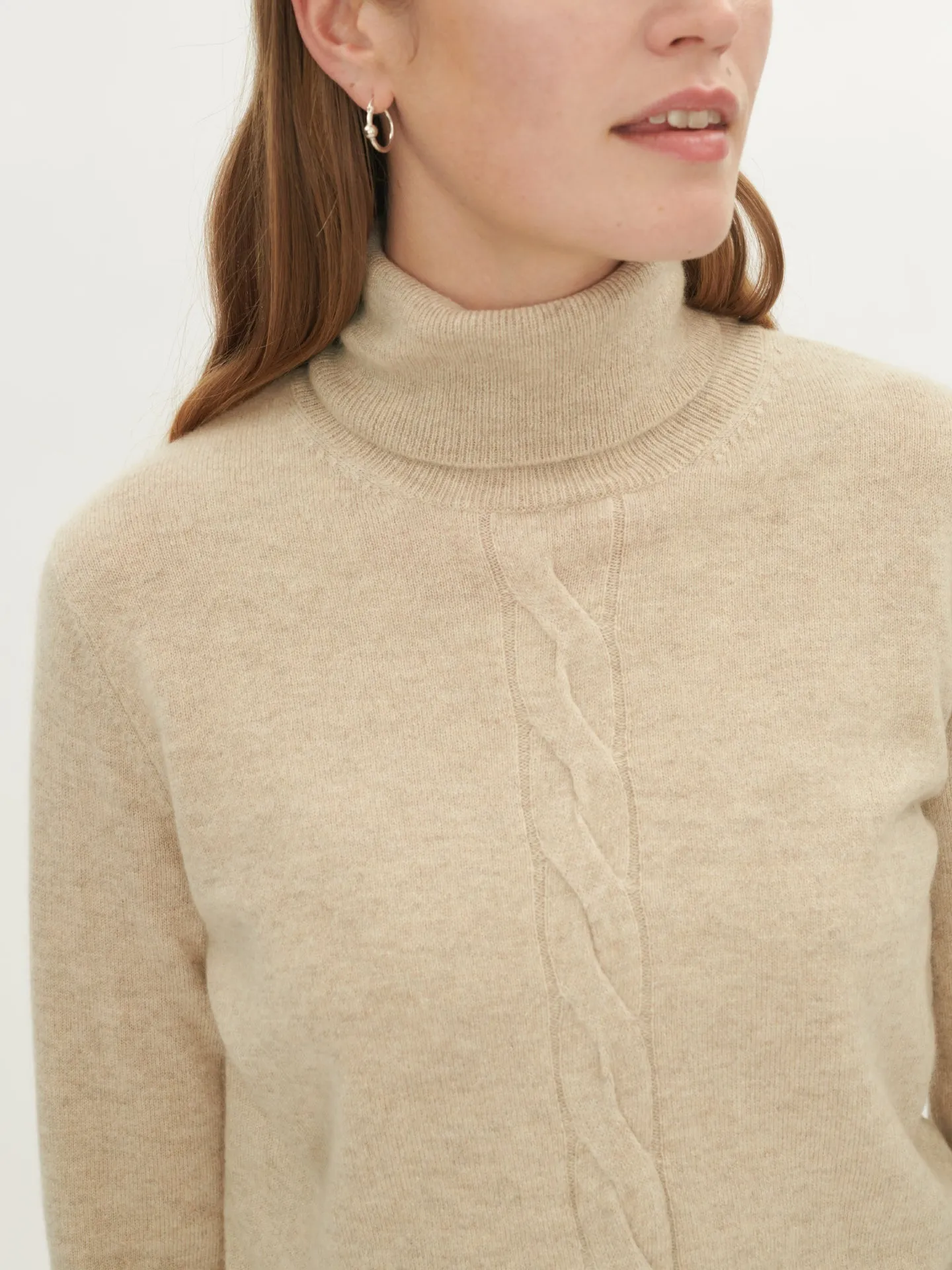 Women's Cashmere Cable Detail Turtle Neck Warm Grey - Gobi Cashmere