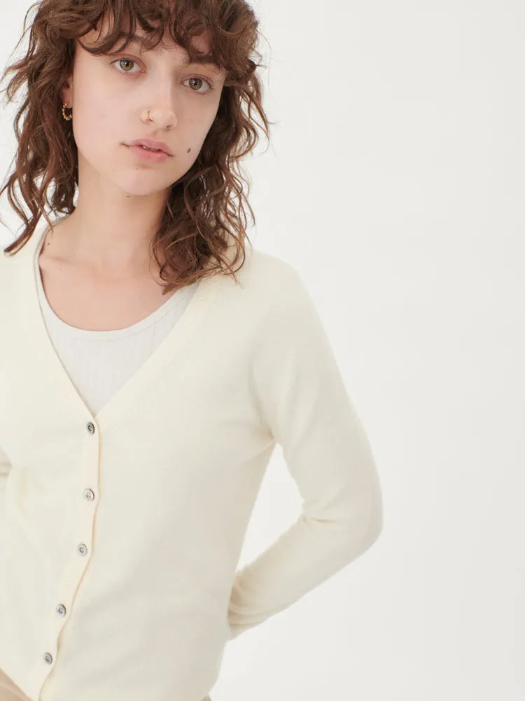 Women's Cashmere V-neck Button Cardigan Marshmallow  - Gobi Cashmere