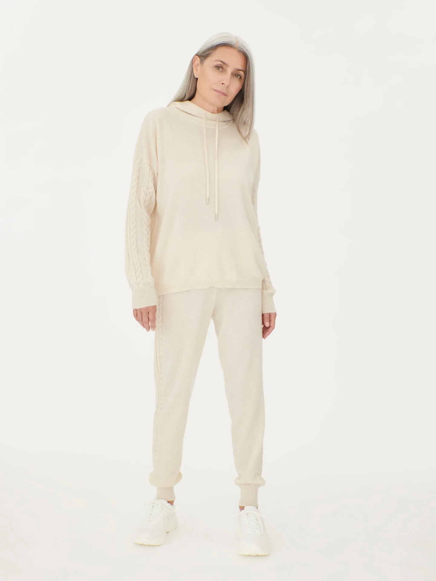 Women's Cashmere Hoodie With Cable Knitted Sleeves Off White - Gobi Cashmere