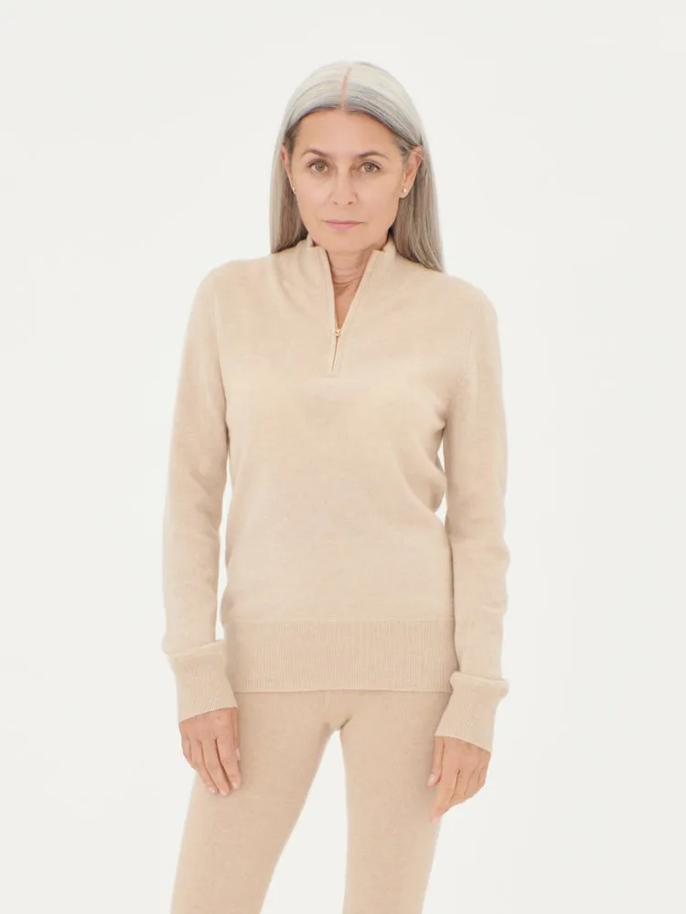 Women's Cashmere Zipped High Neck Sweater Beige - Gobi Cashmere
