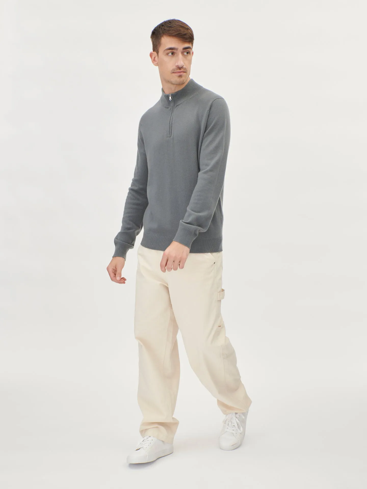 Men's Cashmere Basic Slim Fit Half Zip Polo Neutral Gray - Gobi Cashmere