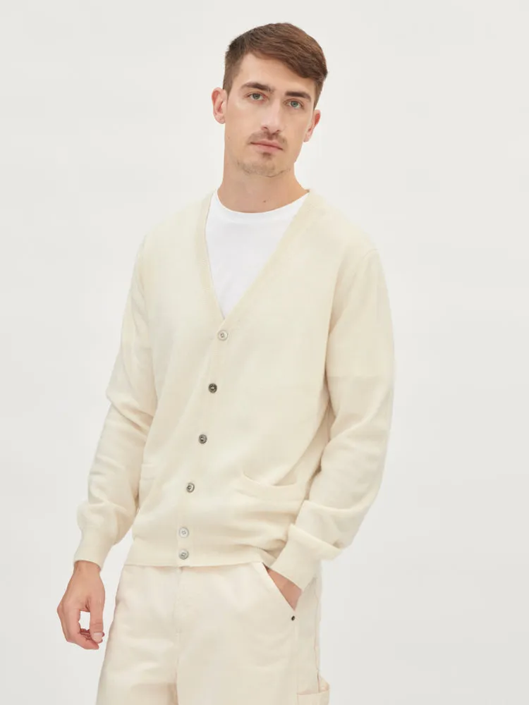 Men's Cashmere V-neck Cardigan Off White - Gobi Cashmere