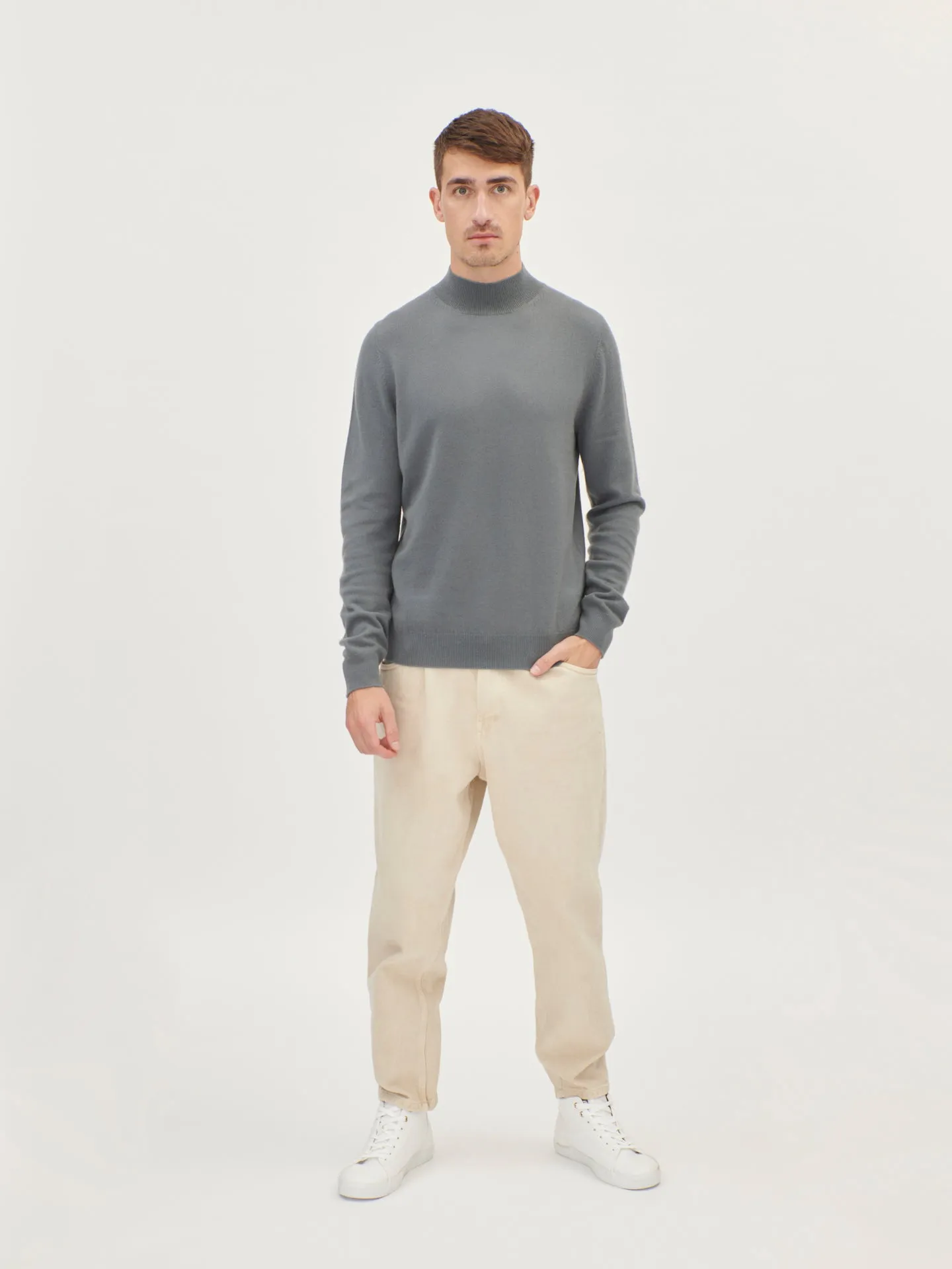 Men's Cashmere Basic Slim Fit High Neck Sweater Neutral Gray - Gobi Cashmere