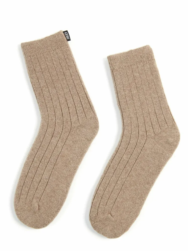 Unisex Cashmere Rib Knit Socks Taupe - Gobi Cashmere