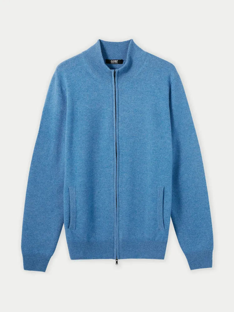 Men's Cashmere Full Zip Cardigan Blue - Gobi Cashmere