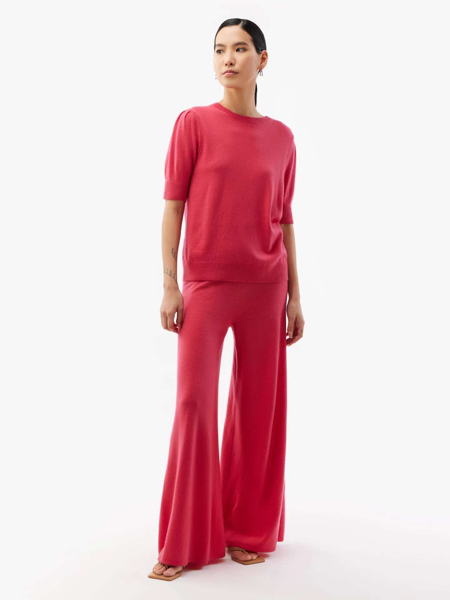 Women's Cashmere Puff Sleeve Top Rose Red - Gobi Cashmere