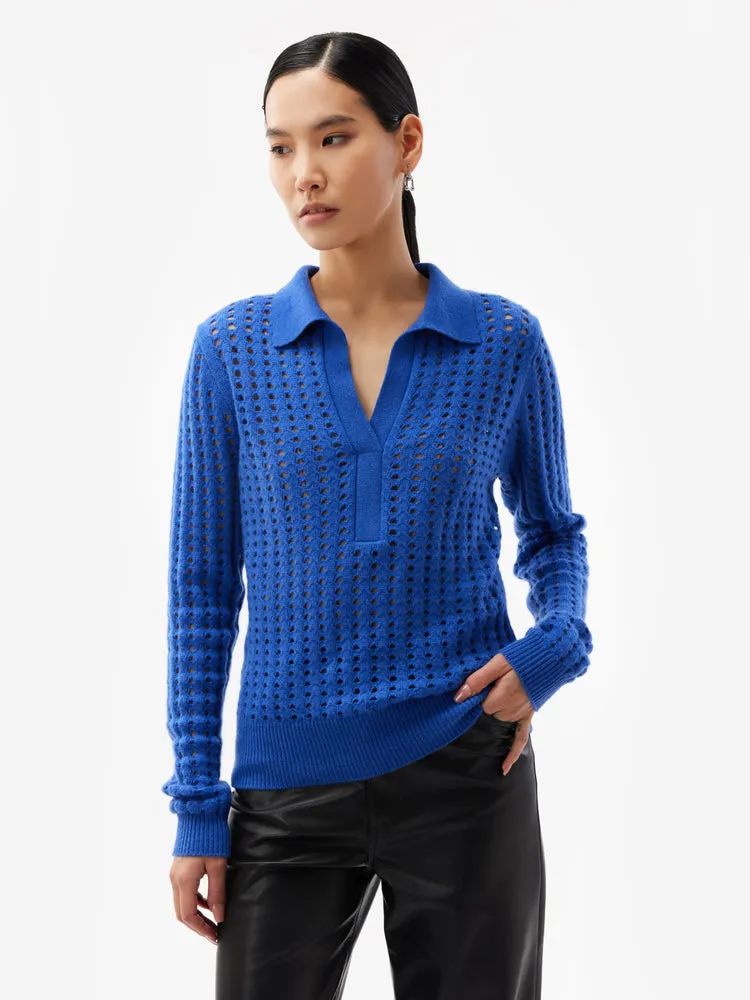 Women's Cashmere Ajour Knitted Polo Sweater Strong Blue - Gobi Cashmere