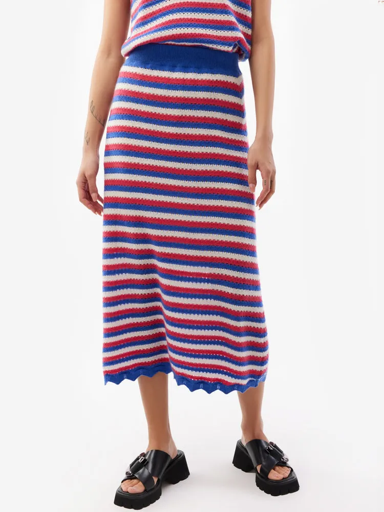 Women's Cashmere Striped Midi Skirt Strong Blue - Gobi Cashmere