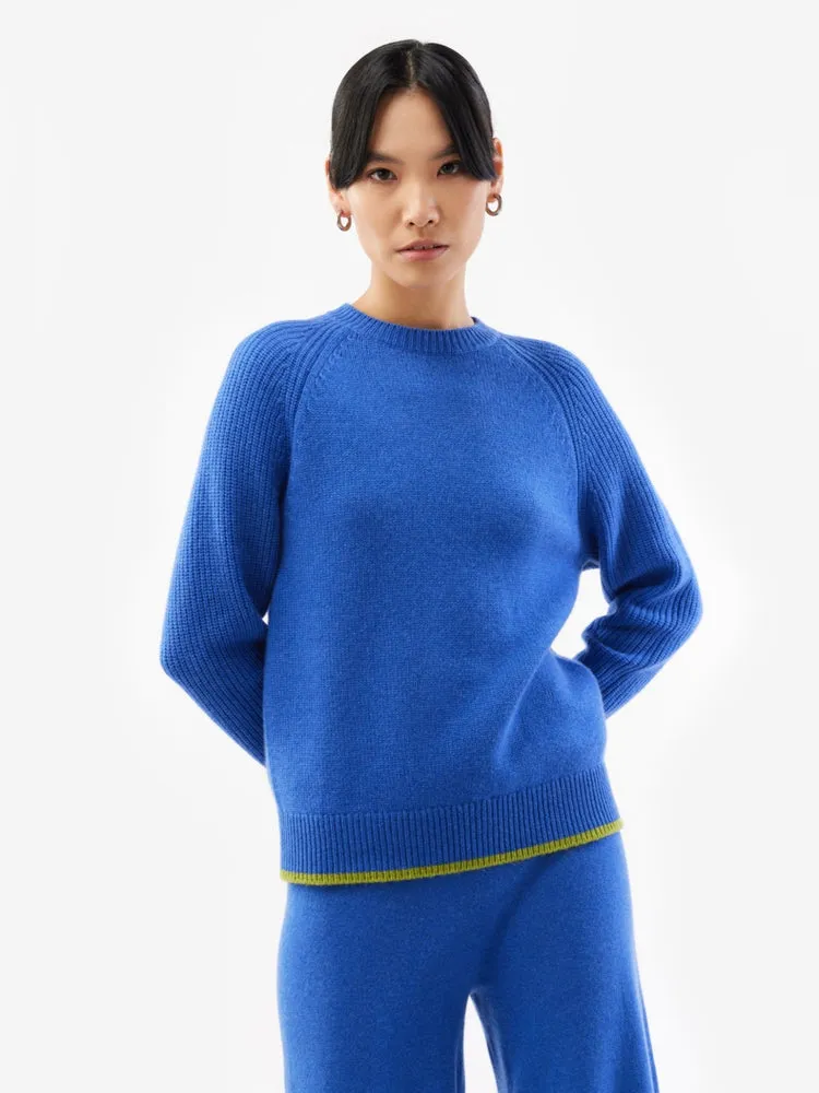 Women's Cashmere Stripe Trim C-Neck Sweater Strong Blue - Gobi Cashmere