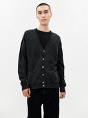 Men's Charcoal Cashmere V-neck Cardigan worn by model, detail view on white background