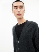 Men's Charcoal Cashmere V-neck Cardigan worn by model, detail view on white background