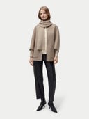 Unisex Organic Cashmere Fisherman Knit Scarf Warm Grey worn by model, detail view on white background