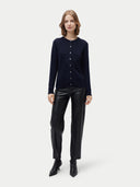 Women's Pure Cashmere Crew Neck Cardigan Navy Blazer worn by model, front view, on white background