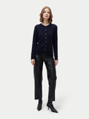Women's Pure Cashmere Crew Neck Cardigan Navy Blazer worn by model, front view, on white background