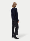 Women's Pure Cashmere Crew Neck Cardigan Navy Blazer worn by model, back view, on white background