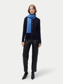 Unisex Cashmere Fisherman Knit Scarf Blue worn by model, detail view on white background