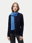 Unisex Cashmere Fisherman Knit Scarf Blue worn by model, detail view on white background