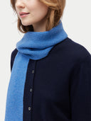 Unisex Cashmere Fisherman Knit Scarf Blue worn by model, detail view on white background