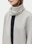 Unisex Pure Cashmere Warmth Woven Scarf Moonstruck worn by model, detail view on white background #color_soft-mist