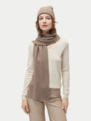 Unisex Organic Cashmere Rib Knit Beanie Taupe worn by model, front view on white background