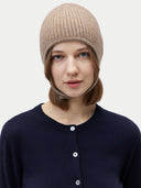 Unisex Cashmere Knitted Aviator Cap Taupe worn by model, detail view on white background