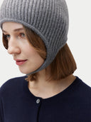 Unisex Cashmere Knitted Aviator Cap Dim Gray worn by model, detail view on white background