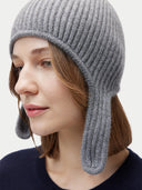 Unisex Cashmere Knitted Aviator Cap Dim Gray worn by model, side view on white background